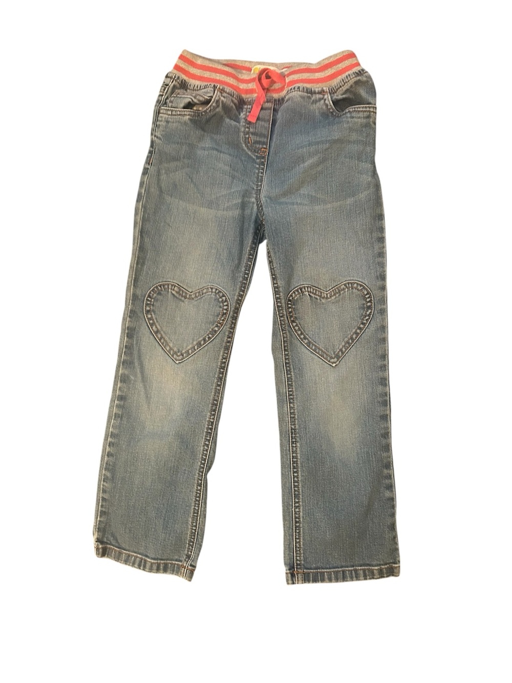 Mini Boden Blue Denim Jeans Pink Elastic Waist Heart Knee Patches Size 6Y